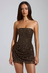 Embellished Bandeau A-Line Mini Dress in Brown