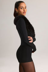 Faux Fur-Trim Corset Playsuit in Black