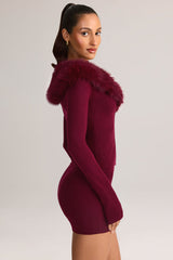 Knit Faux-Fur-Trim Cardigan in Wine