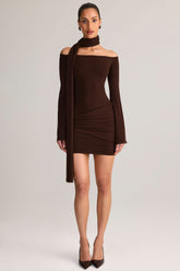 Knit Scarf-Detail Off-Shoulder Mini Dress in Chocolate Brown