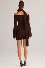 Knit Scarf-Detail Off-Shoulder Mini Dress in Chocolate Brown