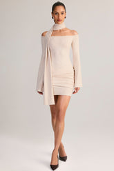 Knit Scarf-Detail Off-Shoulder Mini Dress in Cream