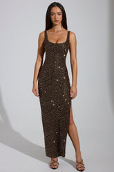 Embellished Scoop-Neck Thigh-Split Maxi Dress in Brown