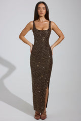 Embellished Scoop-Neck Thigh-Split Maxi Dress in Brown