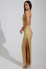 Embellished Scoop-Neck Thigh-Split Maxi Dress in Gold
