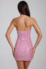 Embellished Halterneck Mini Dress in Pink