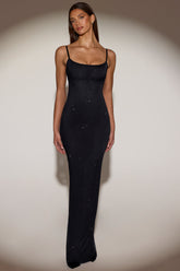 Sheer Embellished Backless Maxi Dress in Black