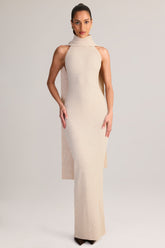 Rib-Knit Scarf-Detail Halterneck Maxi Dress in Cream