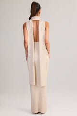 Rib-Knit Scarf-Detail Halterneck Maxi Dress in Cream