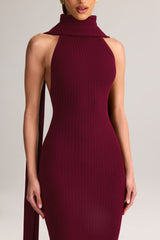 Rib-Knit Scarf-Detail Halterneck Maxi Dress in Wine