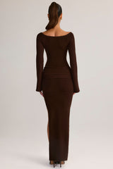 Rib-Knit Boat-Neck Long-Sleeve Maxi Dress in Chocolate Brown