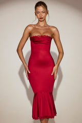 Satin Lace-Trim Bandeau Fluted Midaxi Dress in True Red