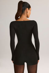 Modal Boat-Neck Long-Sleeve Mini Playsuit in Black