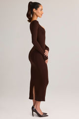 Modal Peekaboo Long-Sleeve Midi Dress in Chocolate Brown