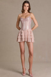 Premium Embellished Corset Mini Dress in Beige Gold