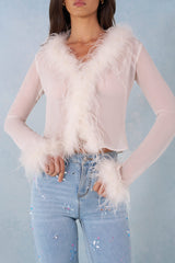 Faux Fur-Trim Sheer Top in Ivory