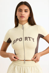Cotton Jersey Colourblock Zip-Up Crop Top in Bone