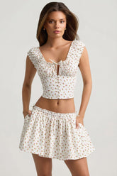 Ruched Cotton-Poplin Mini Skirt in Rose Print