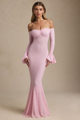Off-Shoulder Ruffle Lace Maxi Dress in Soft Pink