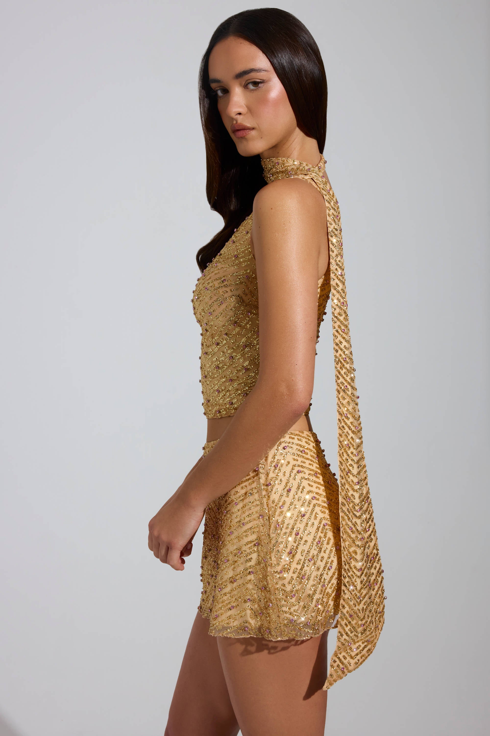 Embellished Asymmetric Scarf-Detail Top in Gold