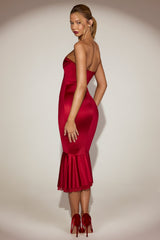 Satin Lace-Trim Bandeau Fluted Midaxi Dress in True Red
