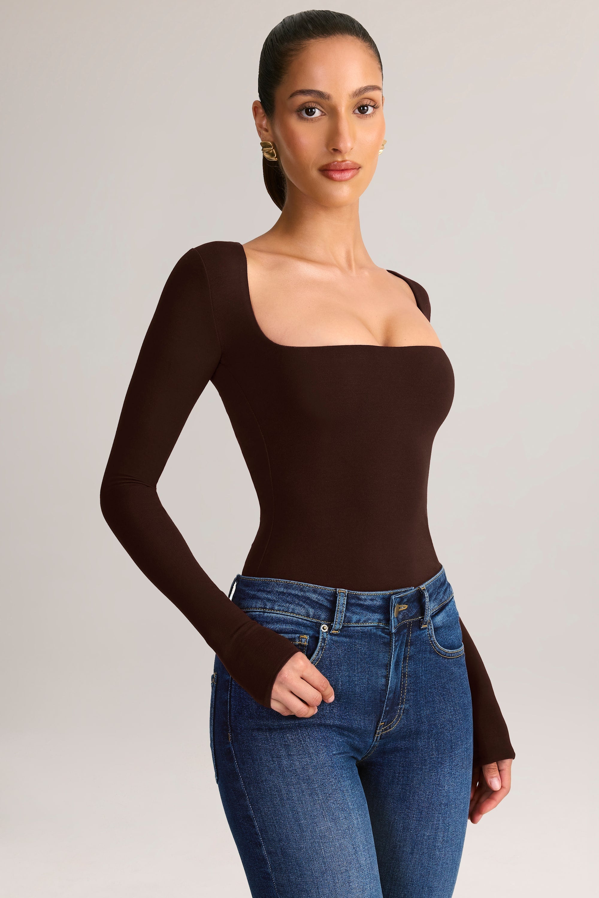 Modal Square-Neck Long-Sleeve Top in Chocolate Brown