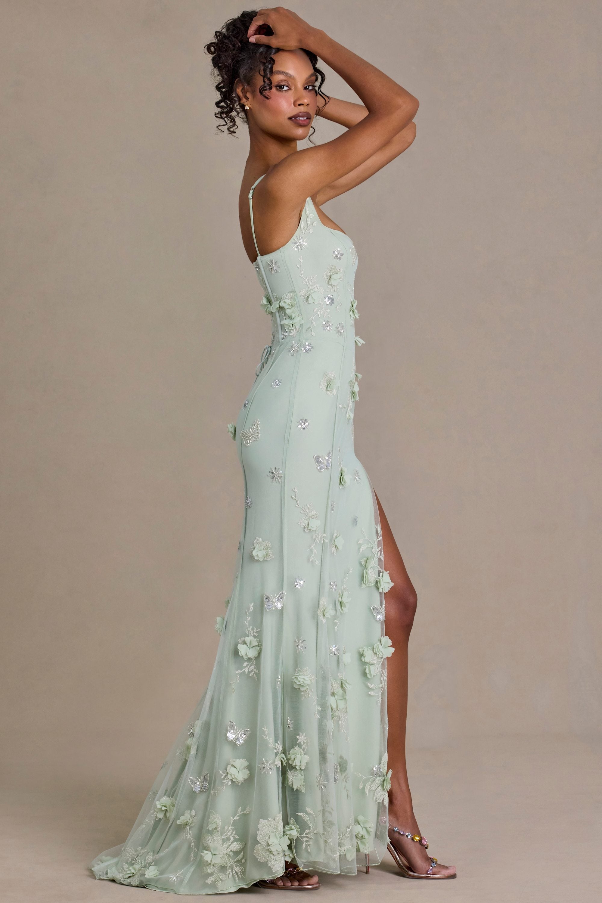 Premium Embellished Corset Gown in Sage Green