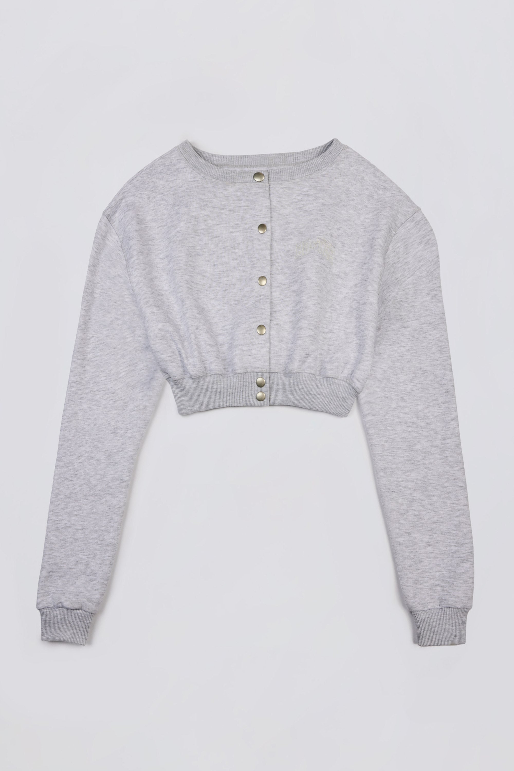 Premium Brushed Jersey Button-Up Cropped Cardigan in Grey Marl