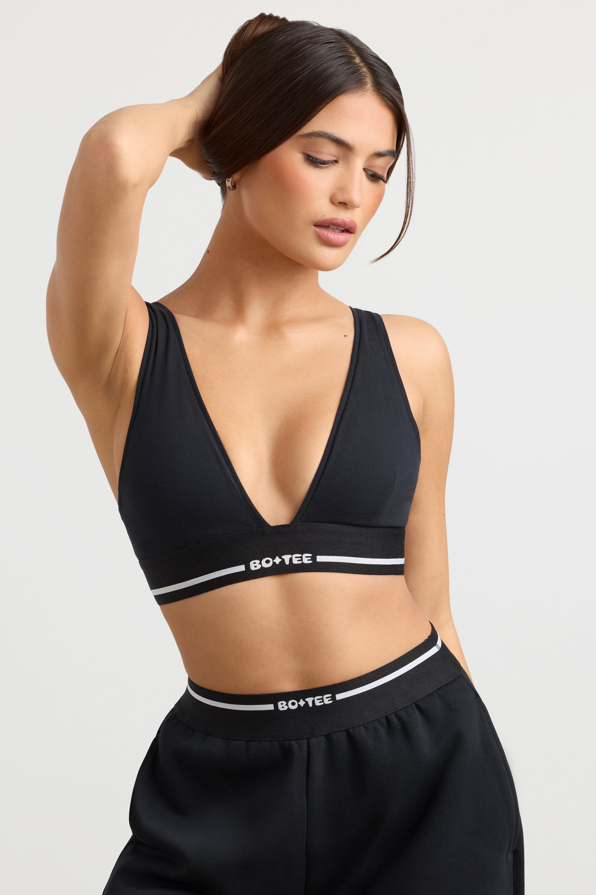 Stretch Cotton Jersey Plunge-Neck Crop Top in Black