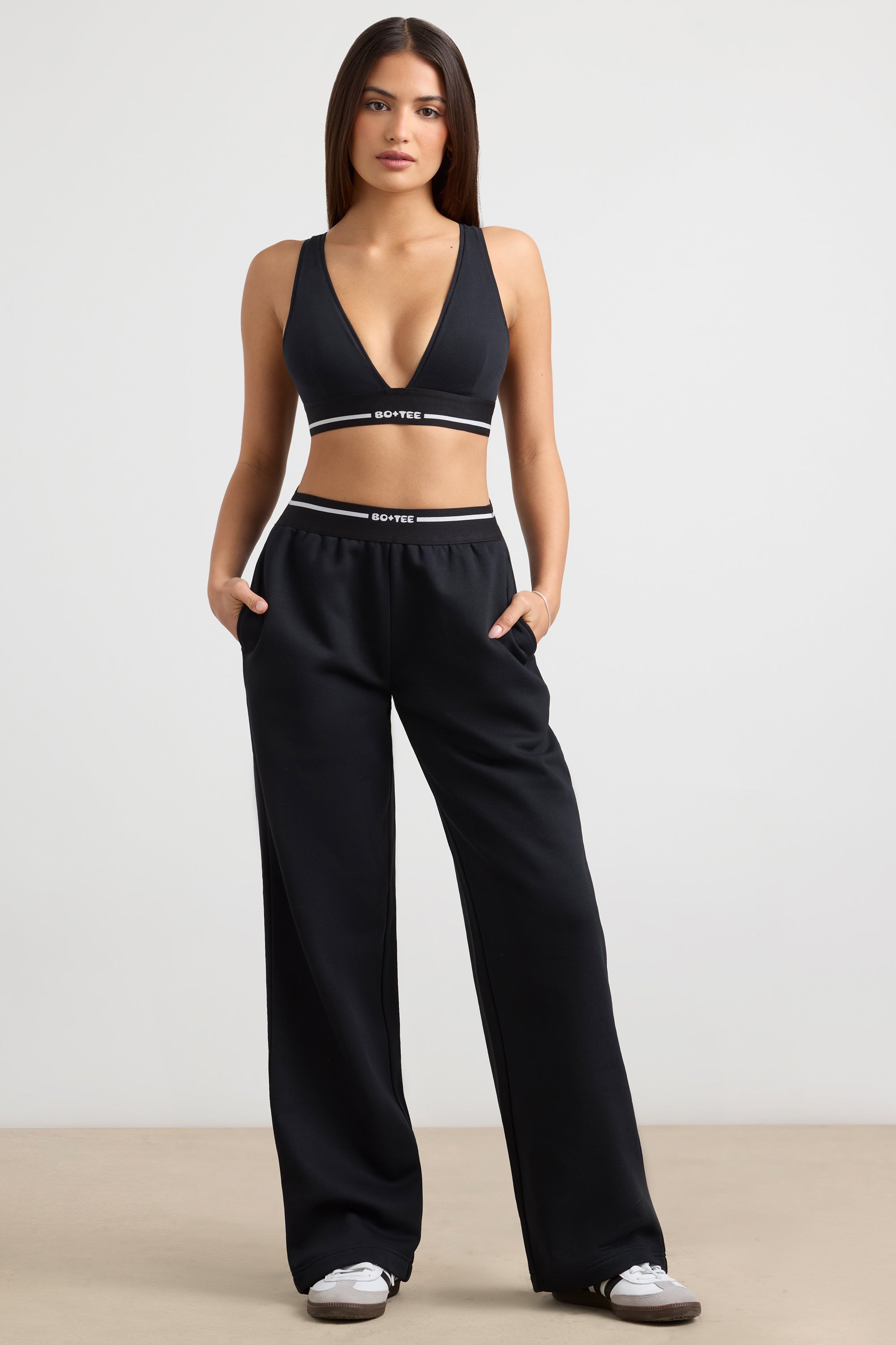 Stretch Cotton Jersey Plunge-Neck Crop Top in Black