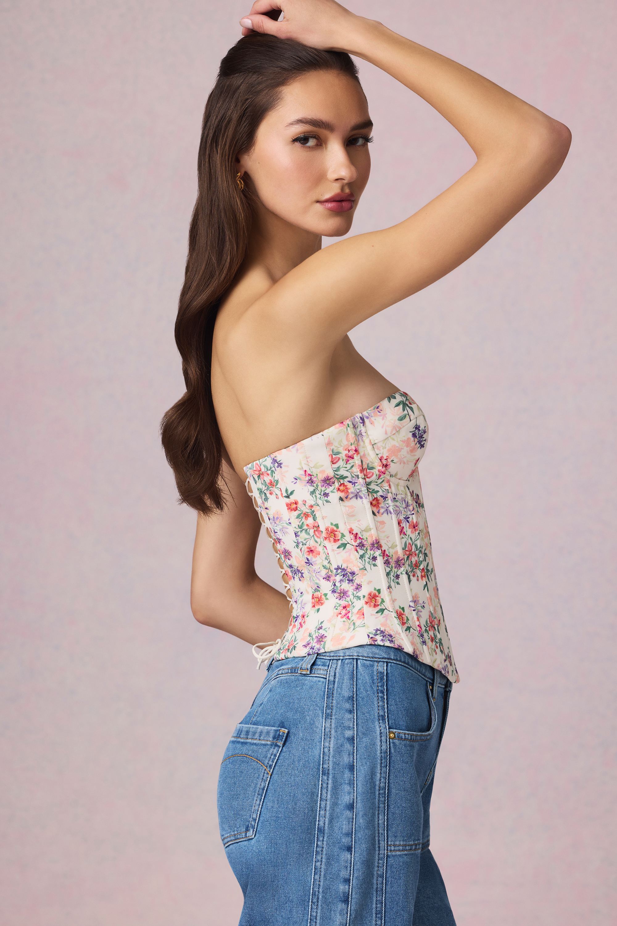 Lace-Up Corset Top in Primrose Floral Print