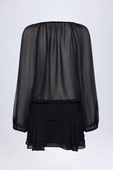 Lace-Up Balloon-Sleeve Mini Dress in Black
