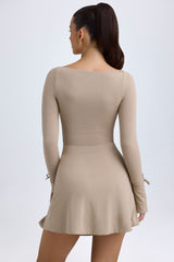 Modal Square-Neck Long-Sleeve Mini Dress in Taupe