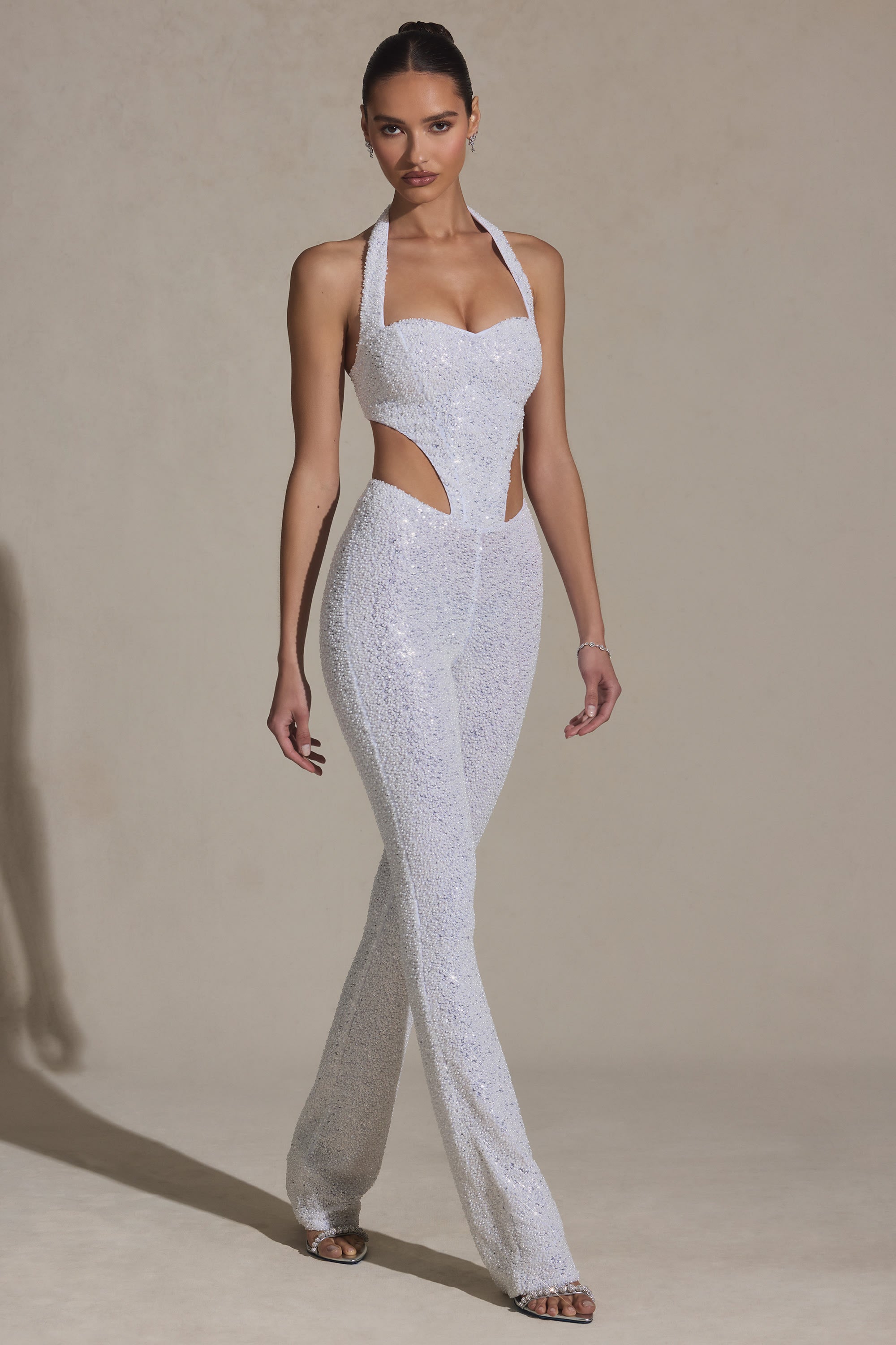 Embellished Cut-Out Jumpsuit in White