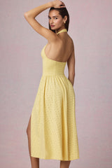 Modal Broderie Anglaise Halterneck Midaxi Dress in Lemon Yellow