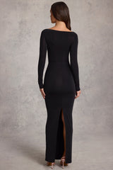 Soft Jersey Boat-Neck Tie-Gather Maxi Dress in Black