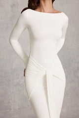 Soft Jersey Boat-Neck Tie-Gather Maxi Dress in White