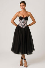 Embellished Lace-Up Cupless Corset in Floral Black