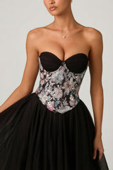 Embellished Lace-Up Cupless Corset in Floral Black