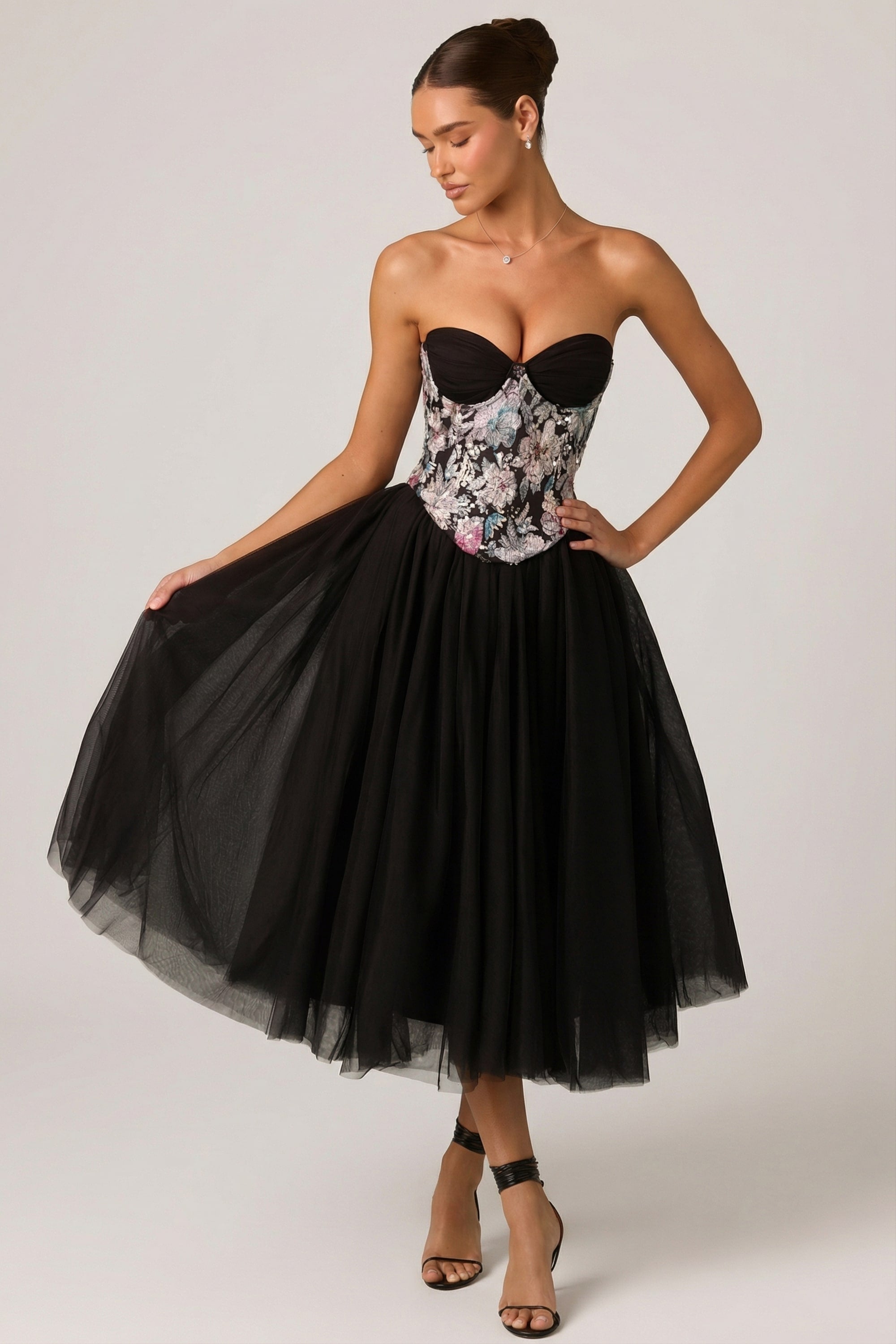 Embellished Lace-Up Cupless Corset in Floral Black