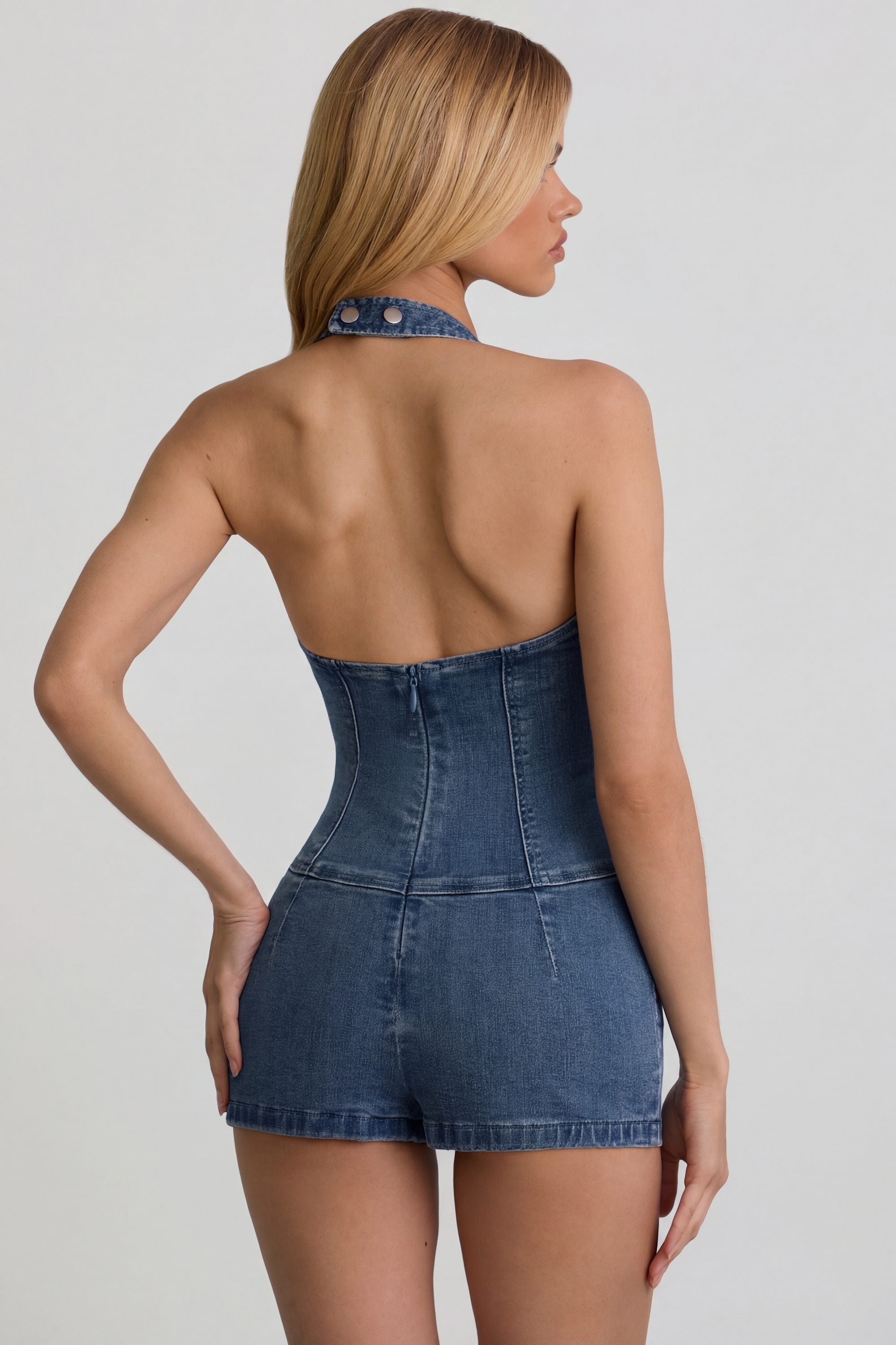 Button-Down Halterneck Playsuit in Mid-Blue