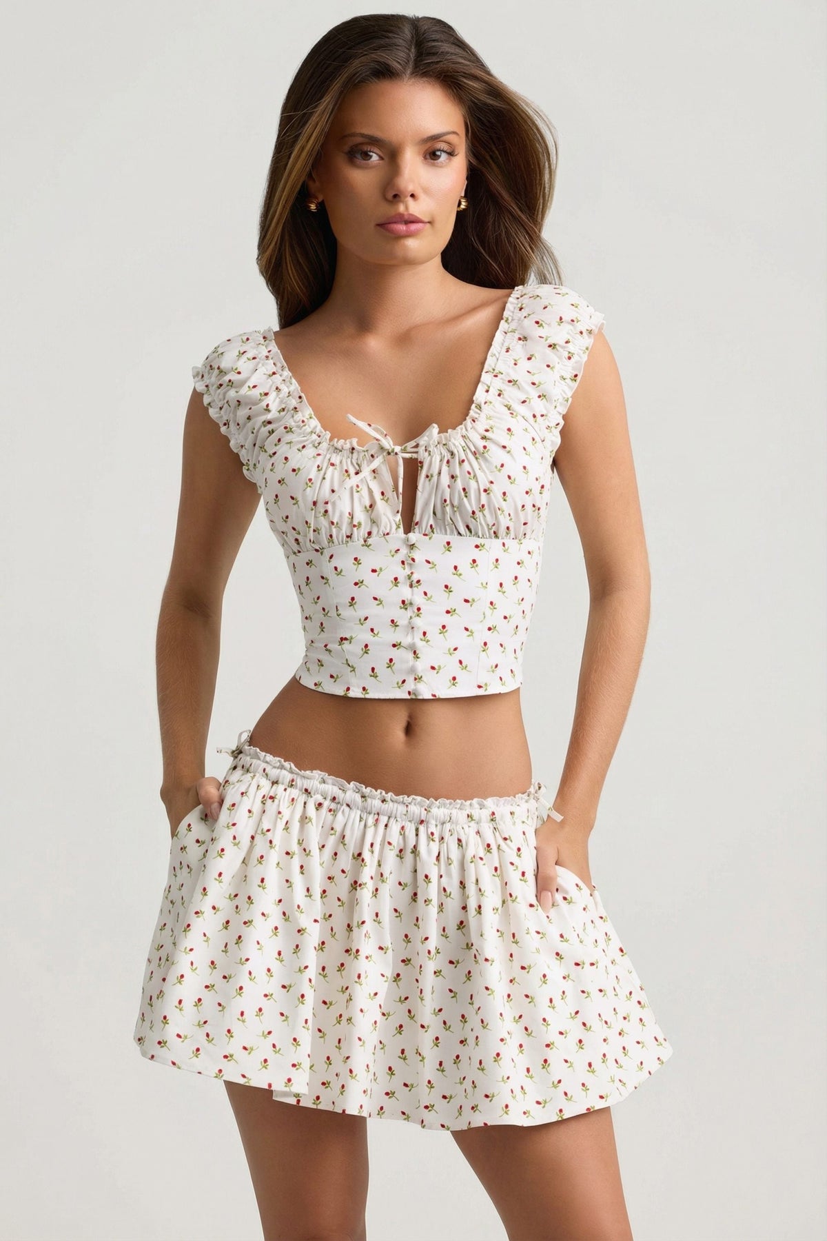 Ruched Cotton-Poplin Mini Skirt in Rose Print