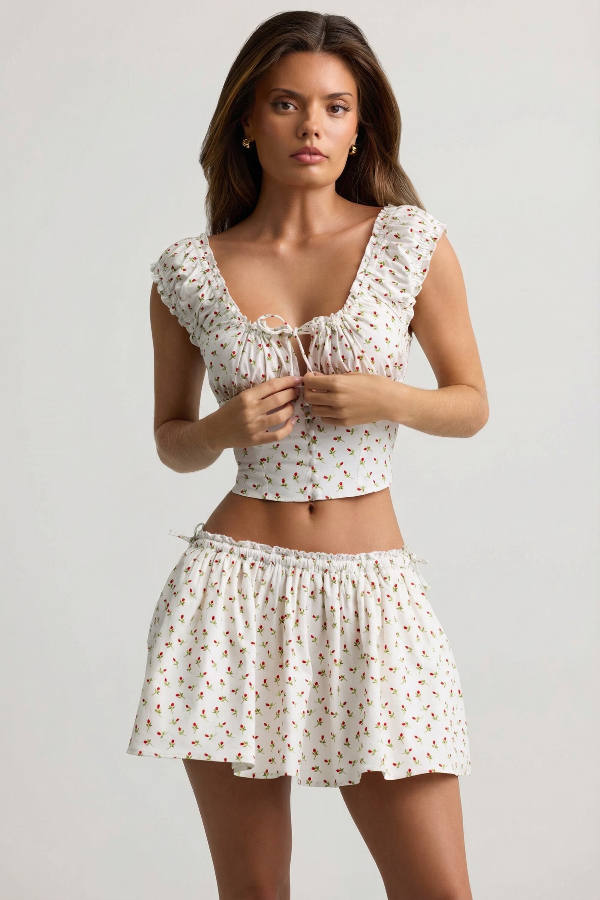 Ruched Cotton-Poplin Mini Skirt in Rose Print
