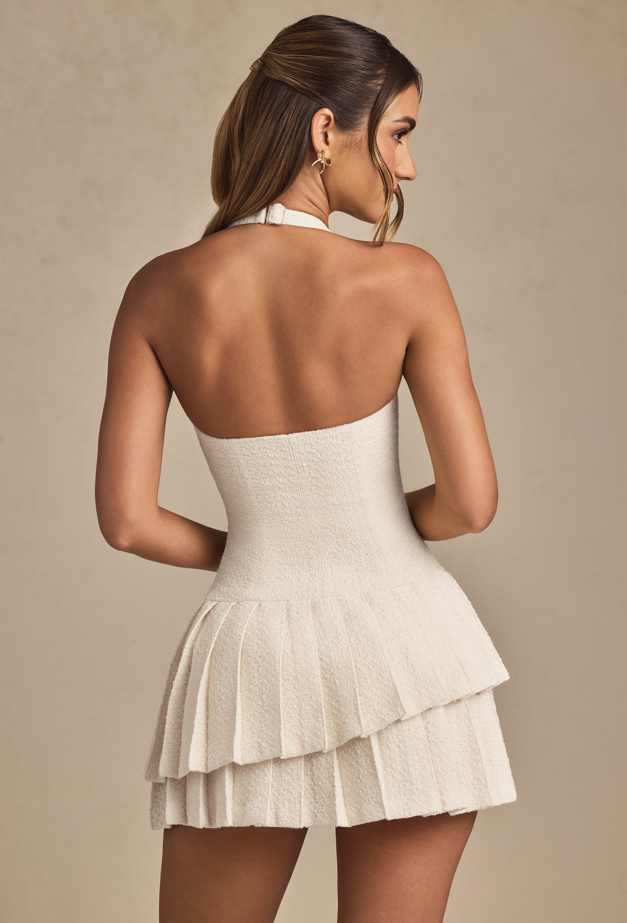 Asymmetric Layered Halterneck Mini Dress in Ivory