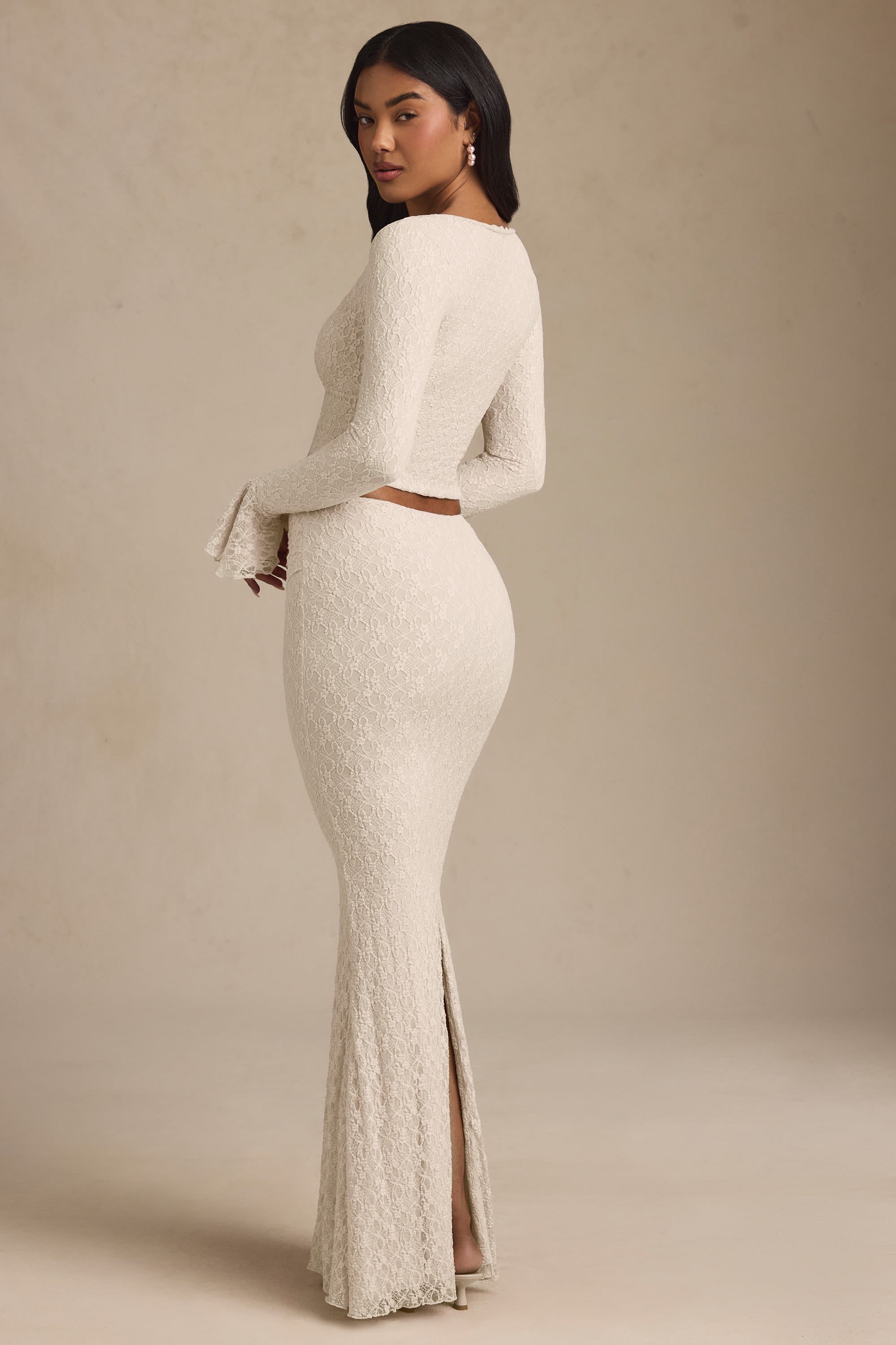 Draped Low-Rise Lace Maxi Skirt in Ivory